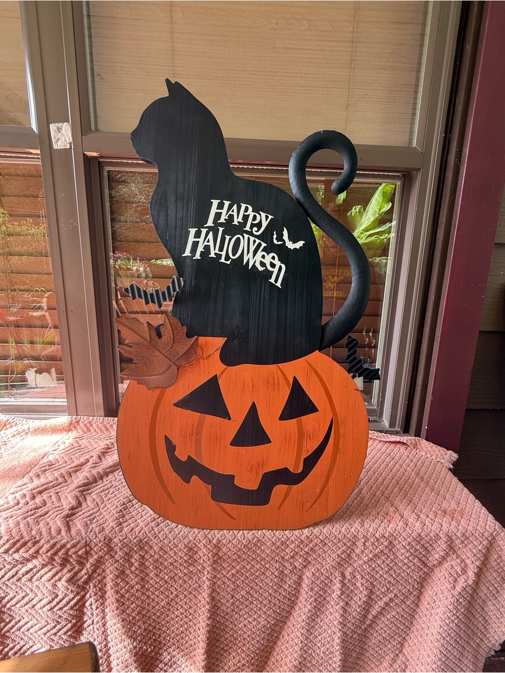Wooden Happy Halloween Black Cat on Orange Jack-O'-Lantern - Seasonal Home Accen